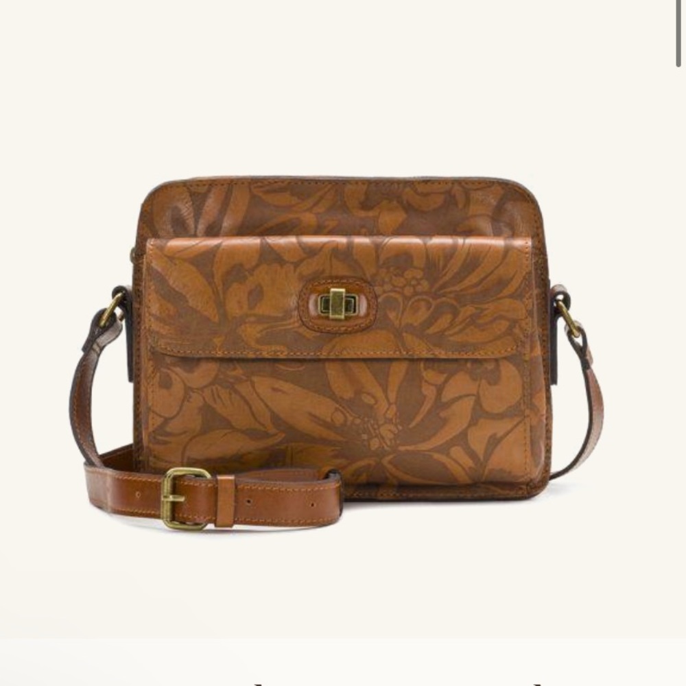 Patricia Nash Maxela Twist Lock Leather Crossbody Laser Floral Tan Boho